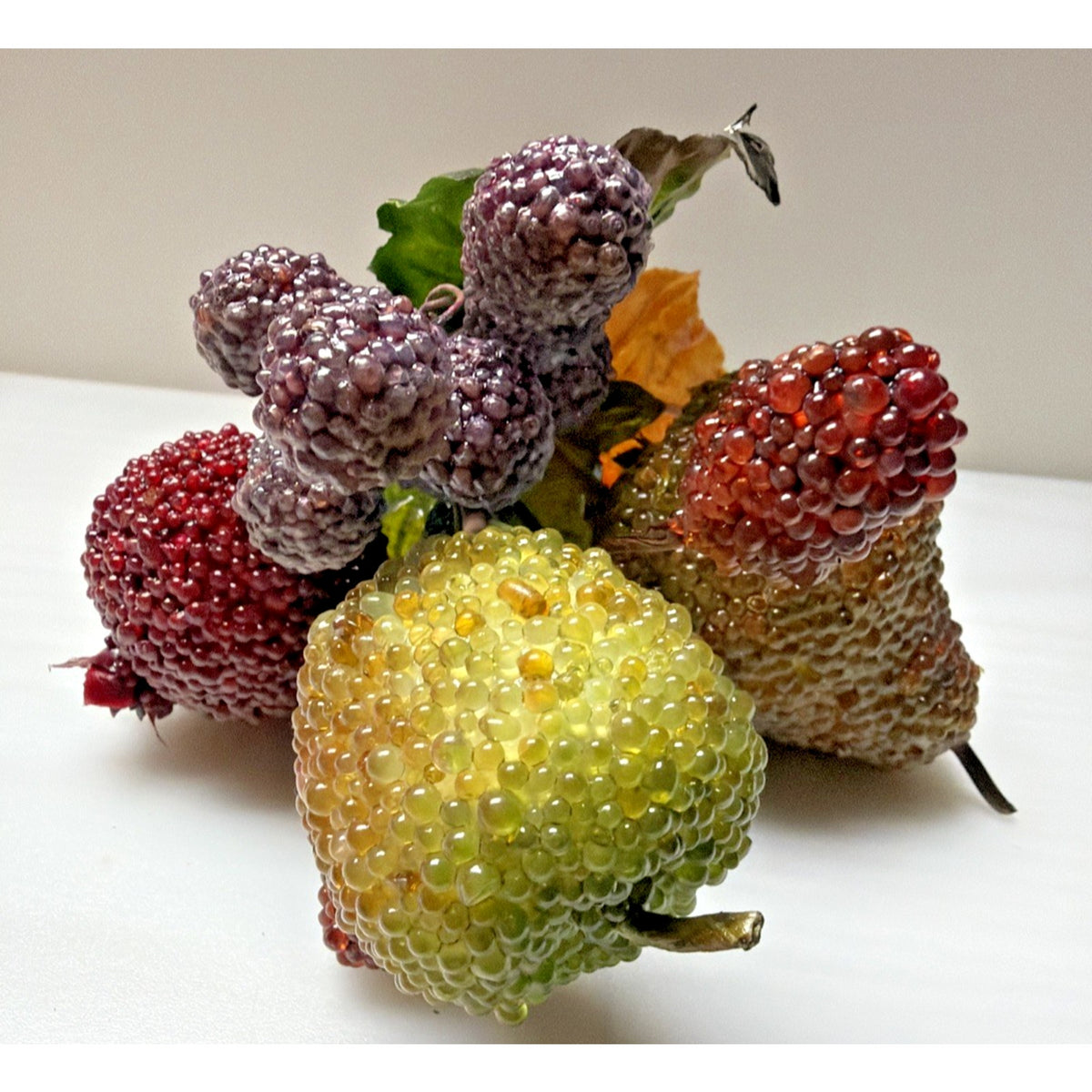 Vintage Glass Beaded Jeweled Faux Fruit Bouquet Pear Pomegranate Raspberry Grape