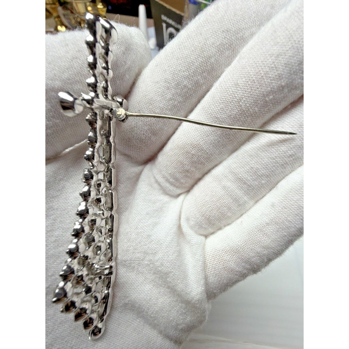 Vintage Sword Pin Brooch Dagger Crystal Rhinestones Baguette Silver