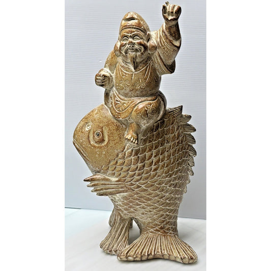 Vtg Designer Repros LA Carved Koi Fish Buddha Fishing Happy Asian Inspired As Is