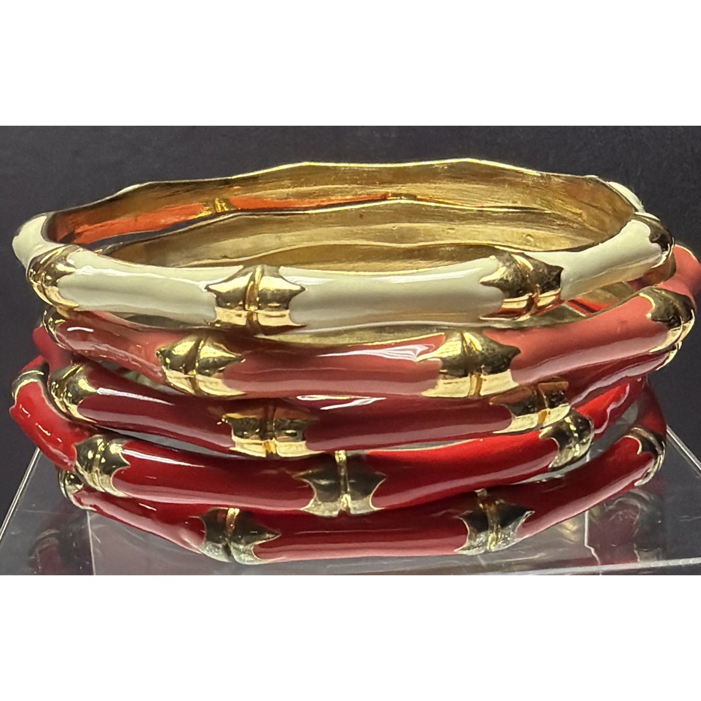 Vintage Lot of 5 Gold Metal Brass Enamel Bamboo Bracelets As Is