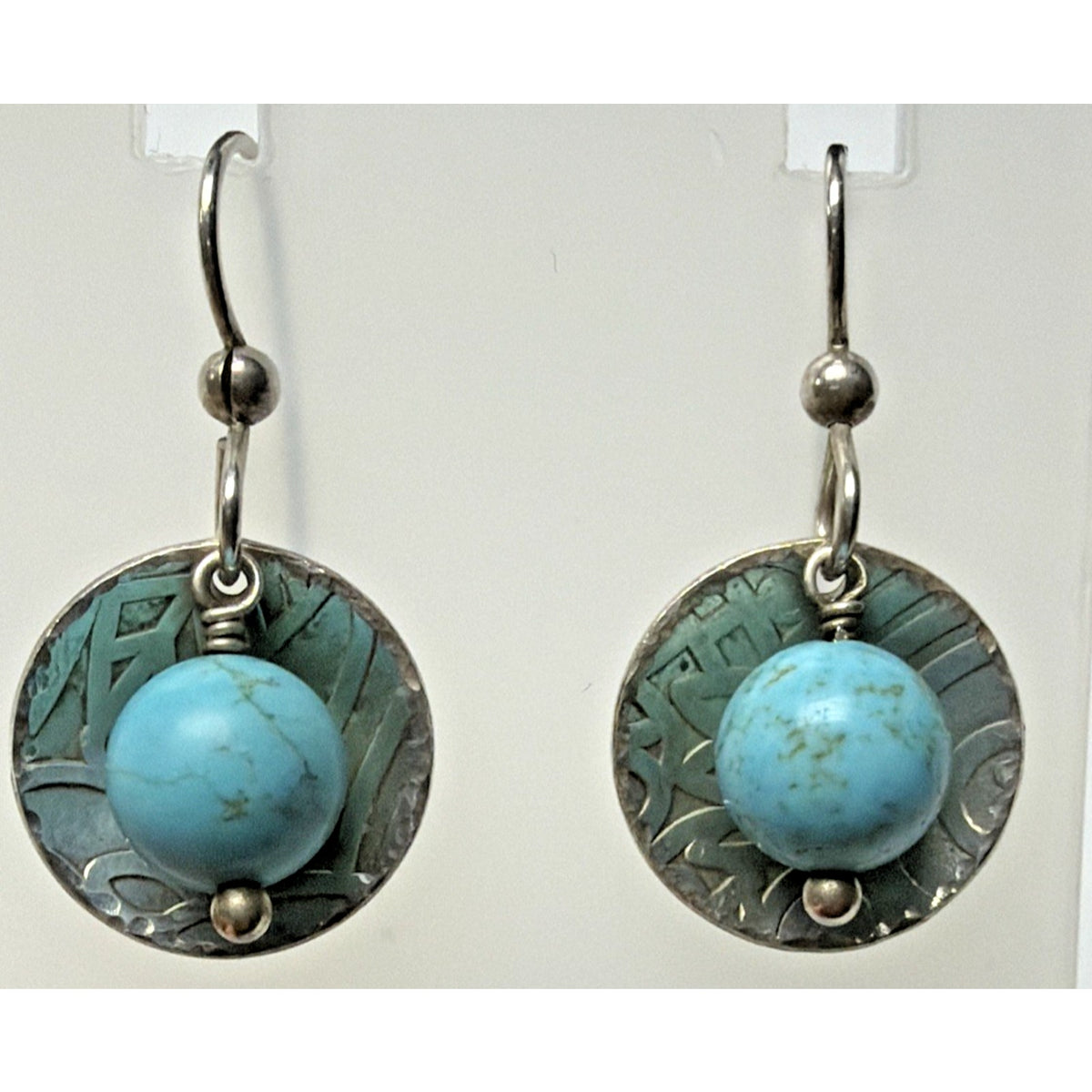 Margaret Lindquist ZAX 925 Sterling Dangle Stamped Disc Earrings Turquoise Beads