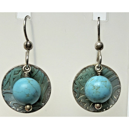Margaret Lindquist ZAX 925 Sterling Dangle Stamped Disc Earrings Turquoise Beads