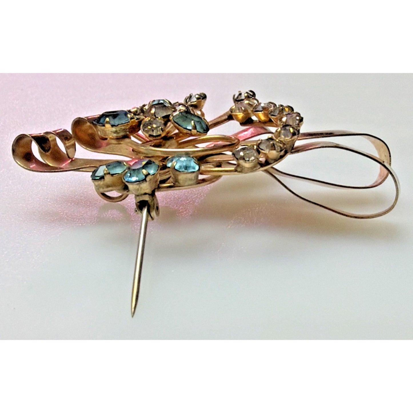 Vintage 1/20 10k Gold Filled Floral Spray Ribbon Pendant Brooch Aqua Rhinestone