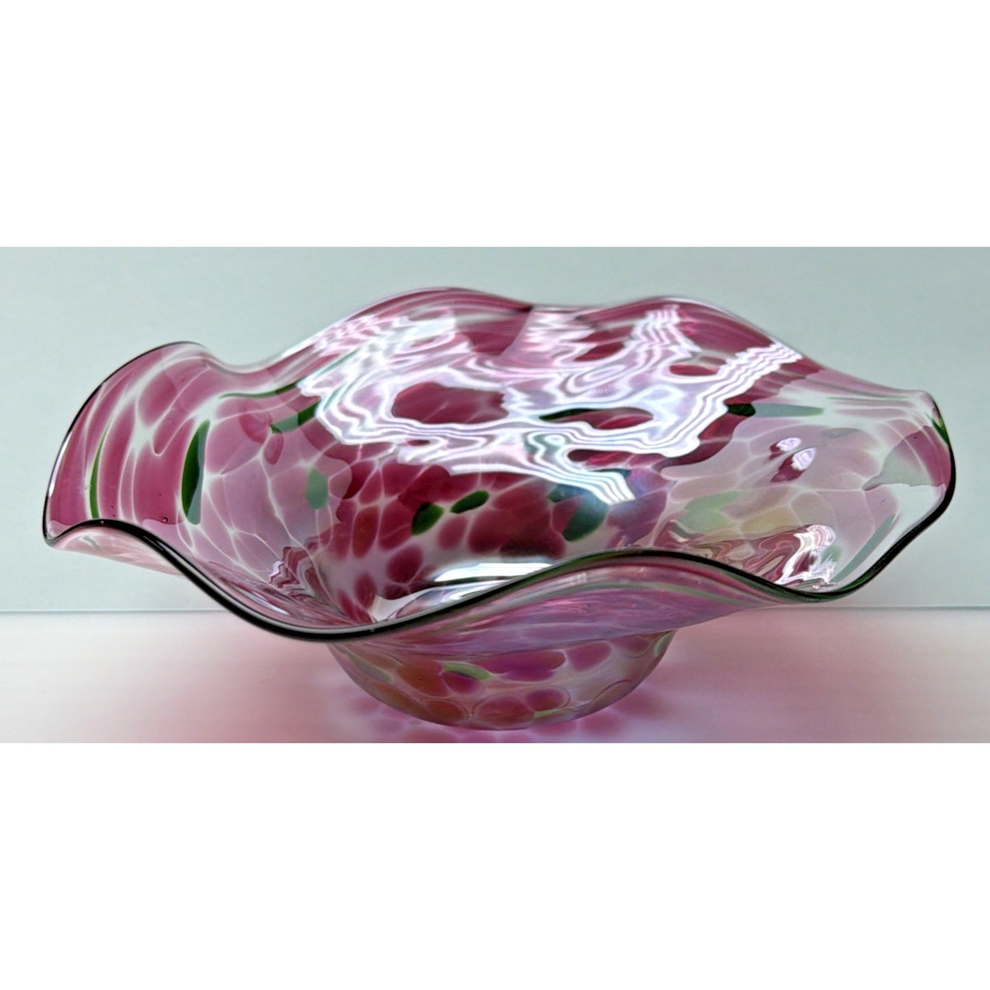Vintage Blown Glass Bowl Iridescent Mottled Green Cranberry Purple Gold