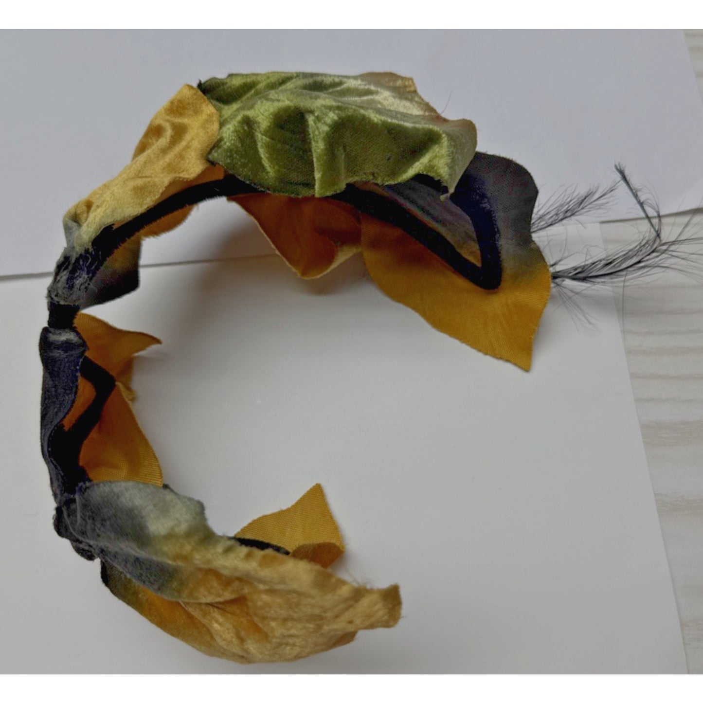 Vintage Metallic Velvet Maple Leaf Half Hat Fascinator Gold Black Feather