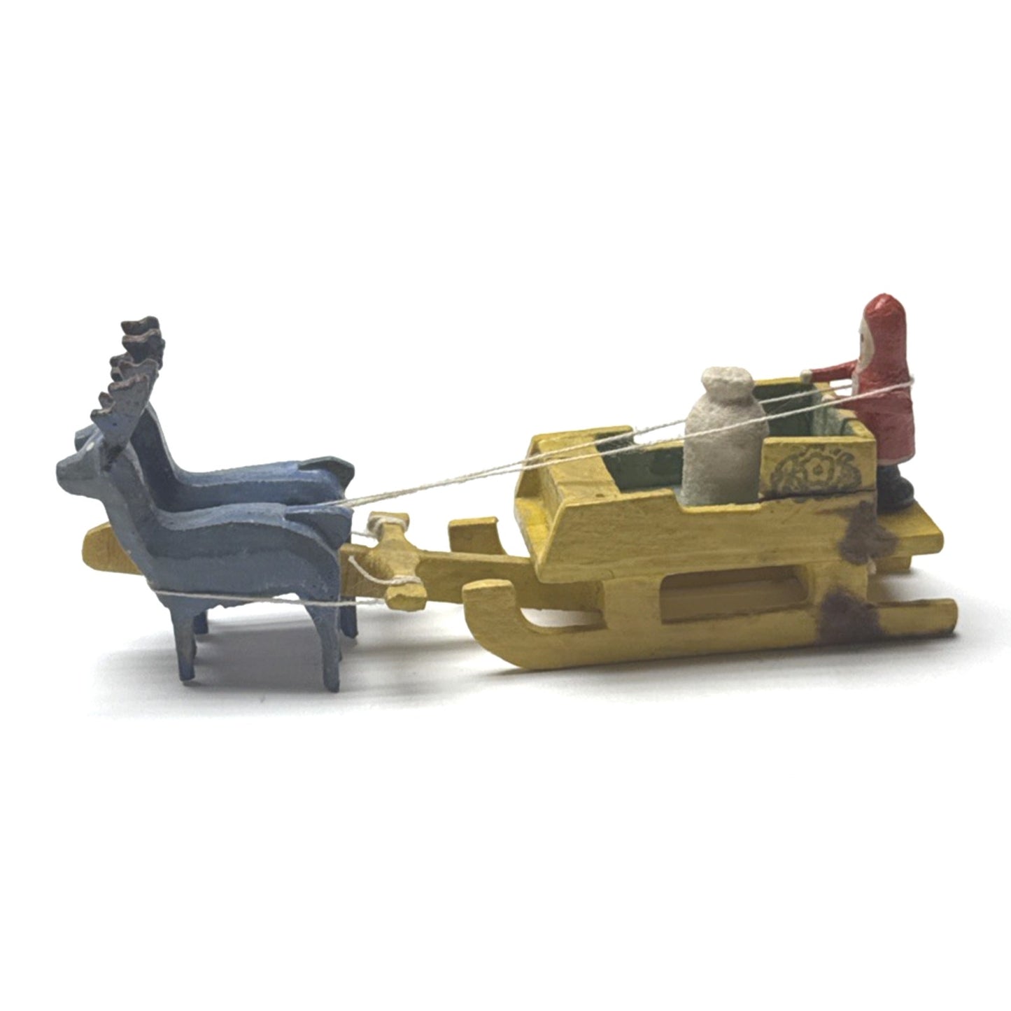 Old Erzgebirge Putz Toy Miniature Wood Santa Sleigh Reindeer Bag Christmas As-Is