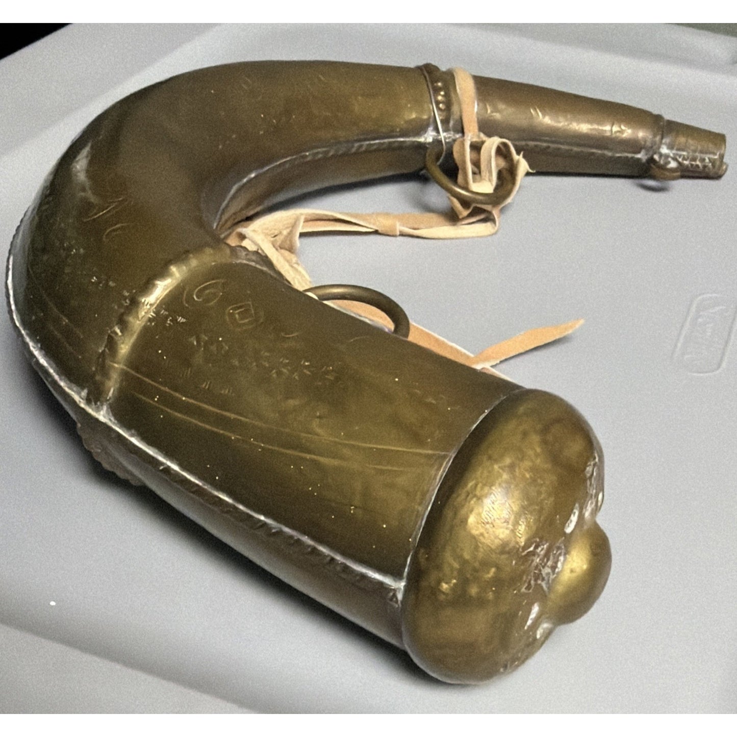Antique Moroccan Brass Steel Black Powder Horn Flask Shot Strap As Is