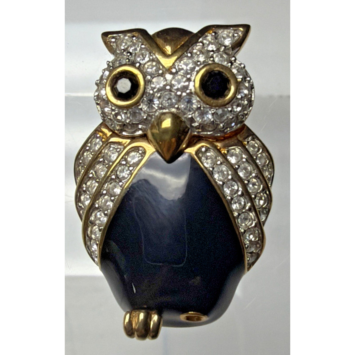 Vtg Swarovski SAL Pave Crystal Black Cabochon Enamel Owl Brooch Bird Pin As Is