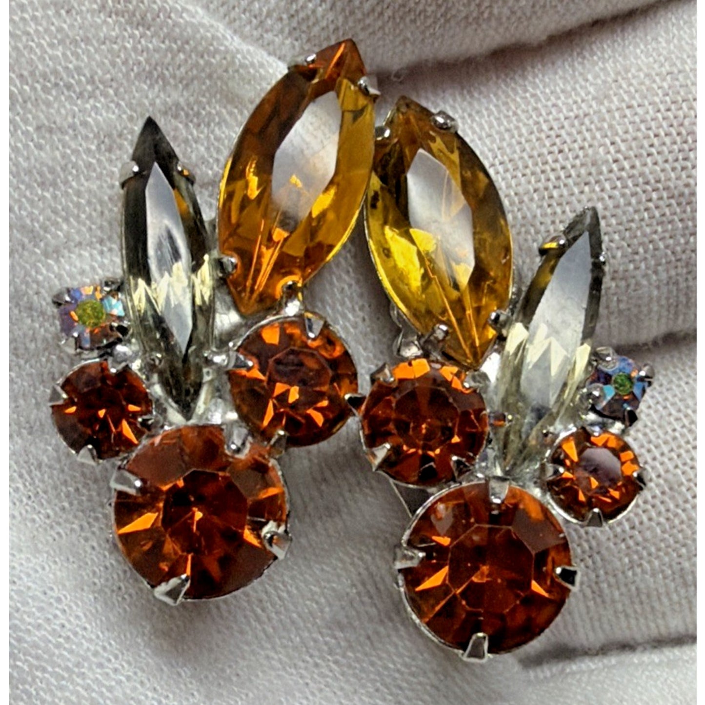 Juliana Smoke Gray Aurora Borealis Amber Topaz Rhinestone Spray Clip Earrings