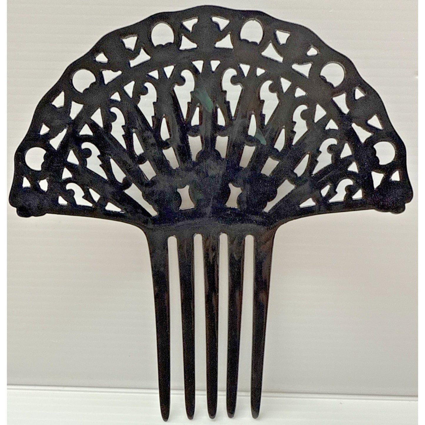 Art Deco Large Fan Shape Hair Comb Black Celluloid Rhinestone Flower Blue Green