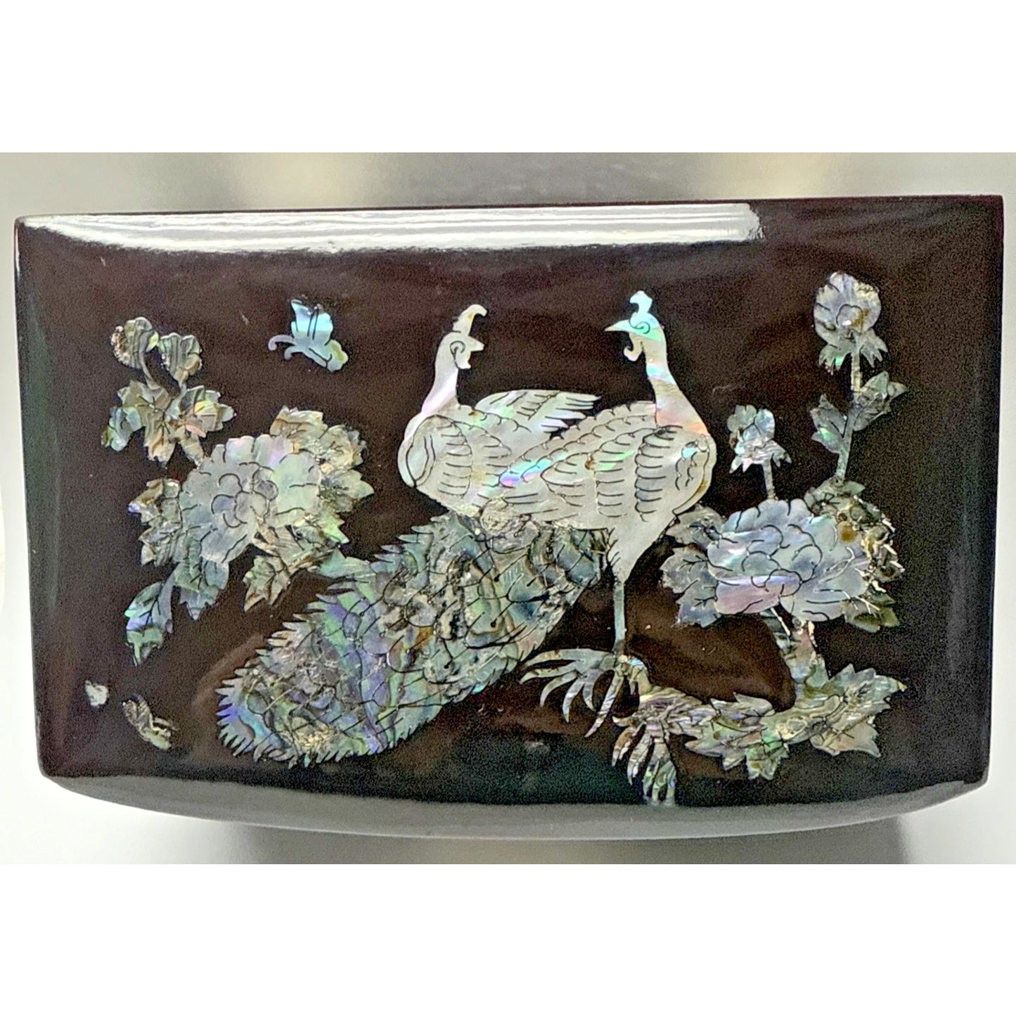 Vtg Lacquer Mother Of Pearl Inlay Turtle Latch Peacock Jewelry Ring Box Mirror