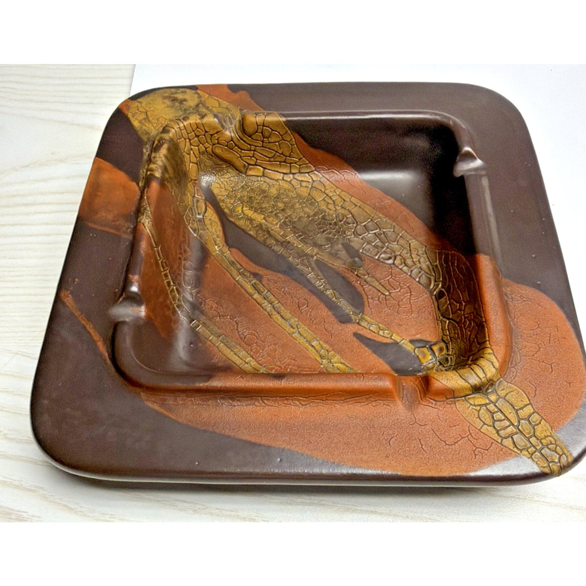 MCM Royal Haeger Craftsman Earth Wrap Glaze Ashtray Brown Orange Art Pottery