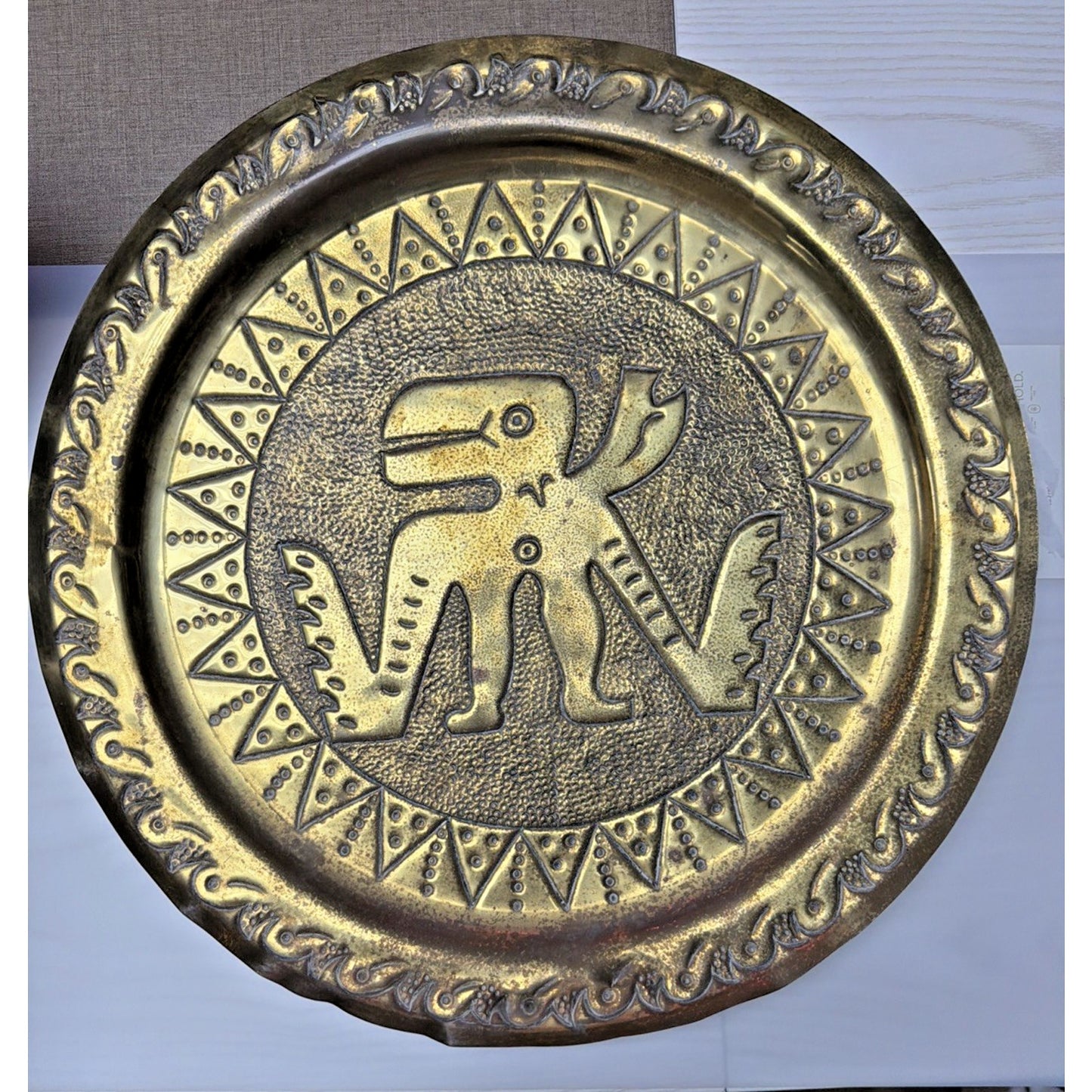 Mayan Aztec Peruvian Brass Gold Metal Enamel Engraved Hammered Wall Plate As Is