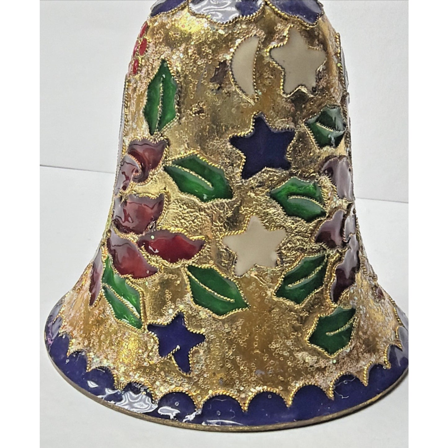 Vintage Enamel Cloisonné Bell Christmas Ornament Holly Berries Poinsettia