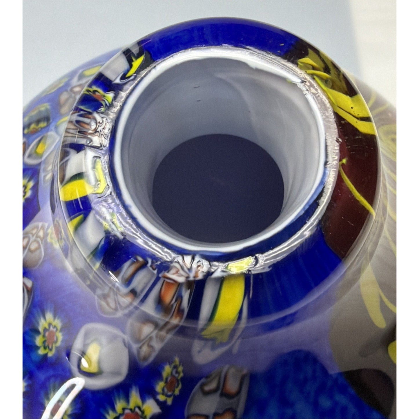 Abstract Cased Art Glass Vase Millefiori Murrine Vase Cobalt Red Yellow Heavy