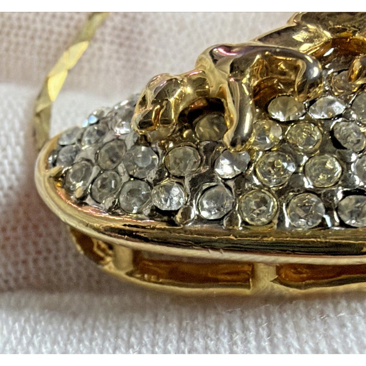 Vintage Gold Tone Rhinestone Pave Heart Slide Pendant Necklace Panther Cat As Is