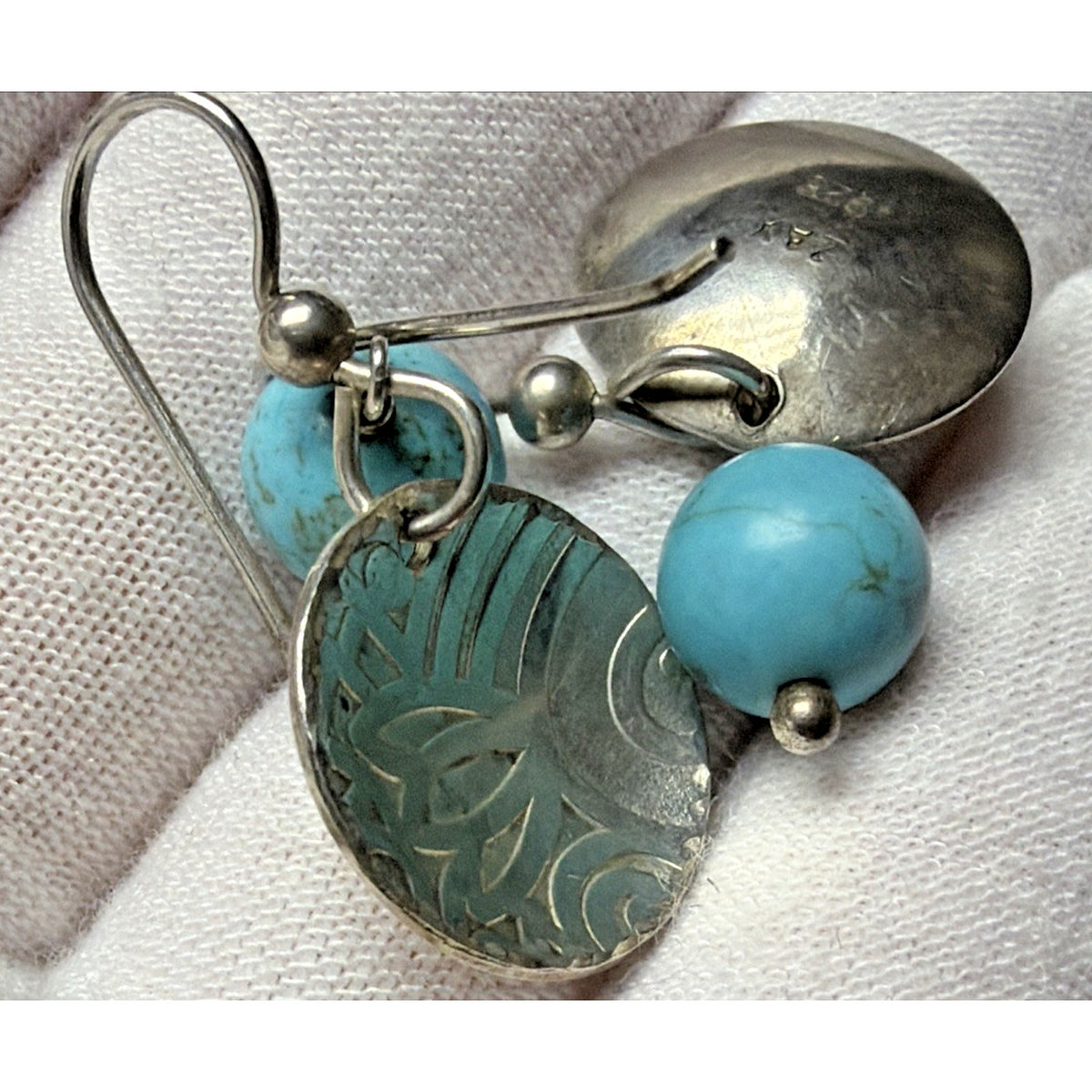 Margaret Lindquist ZAX 925 Sterling Dangle Stamped Disc Earrings Turquoise Beads