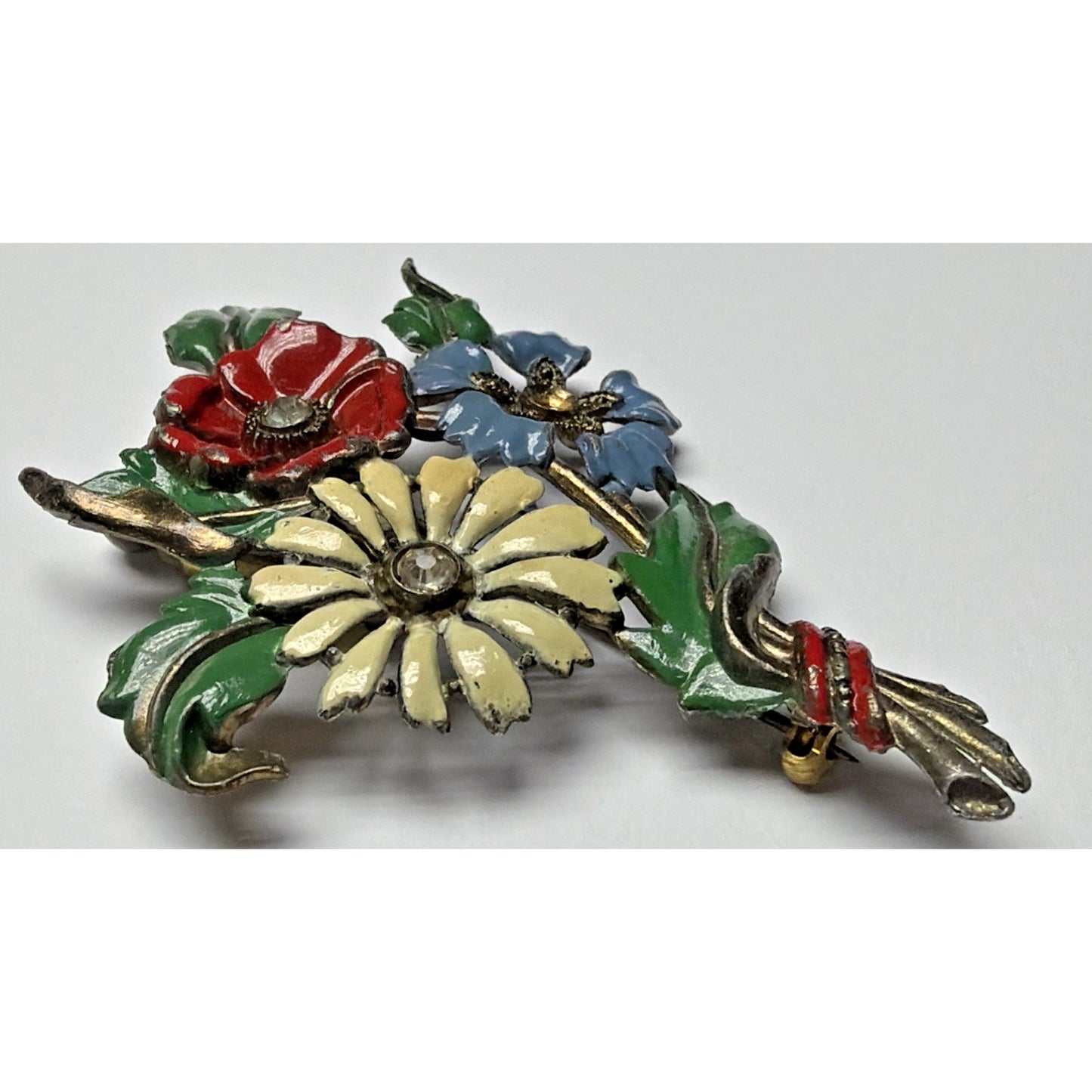Art Deco Enamel Flower Brooch Bouquet Brass Vial Rhinestone Pot Metal As Is