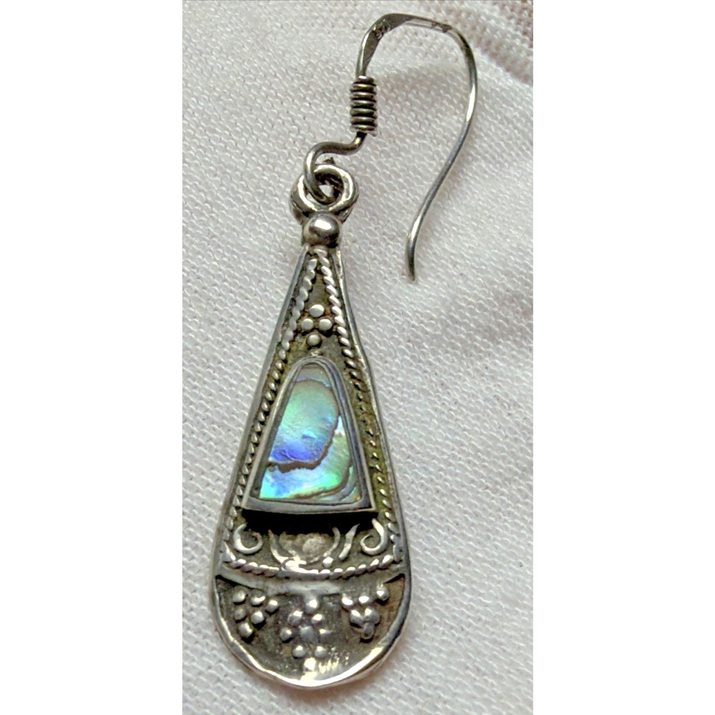 Vtg ATI Mexico Sterling Silver 925 Pierced Drop Teardrop Ornate Earrings Abalone
