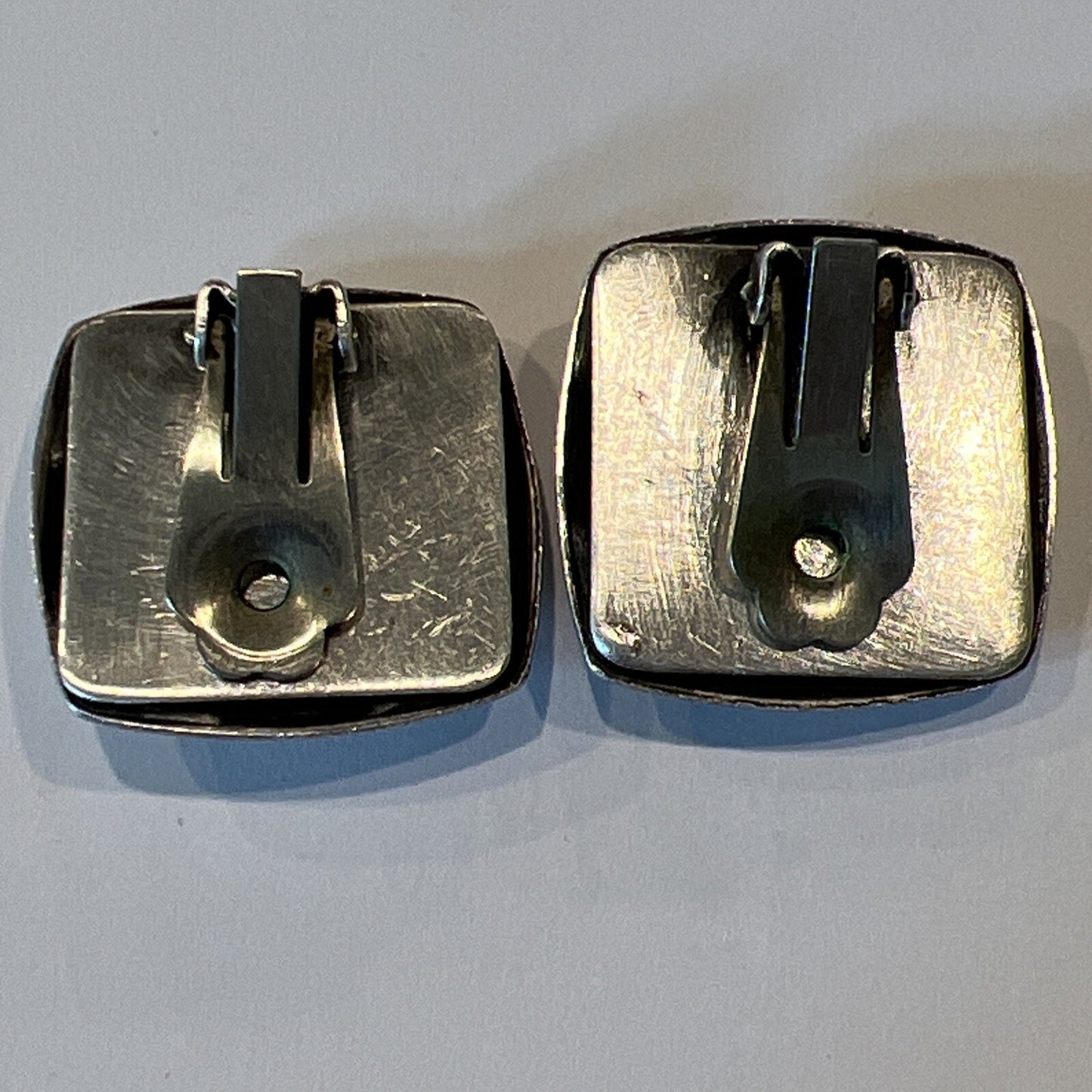 Vintage Southwestern Sterling Silver Square Round Dome Clip On Earrings