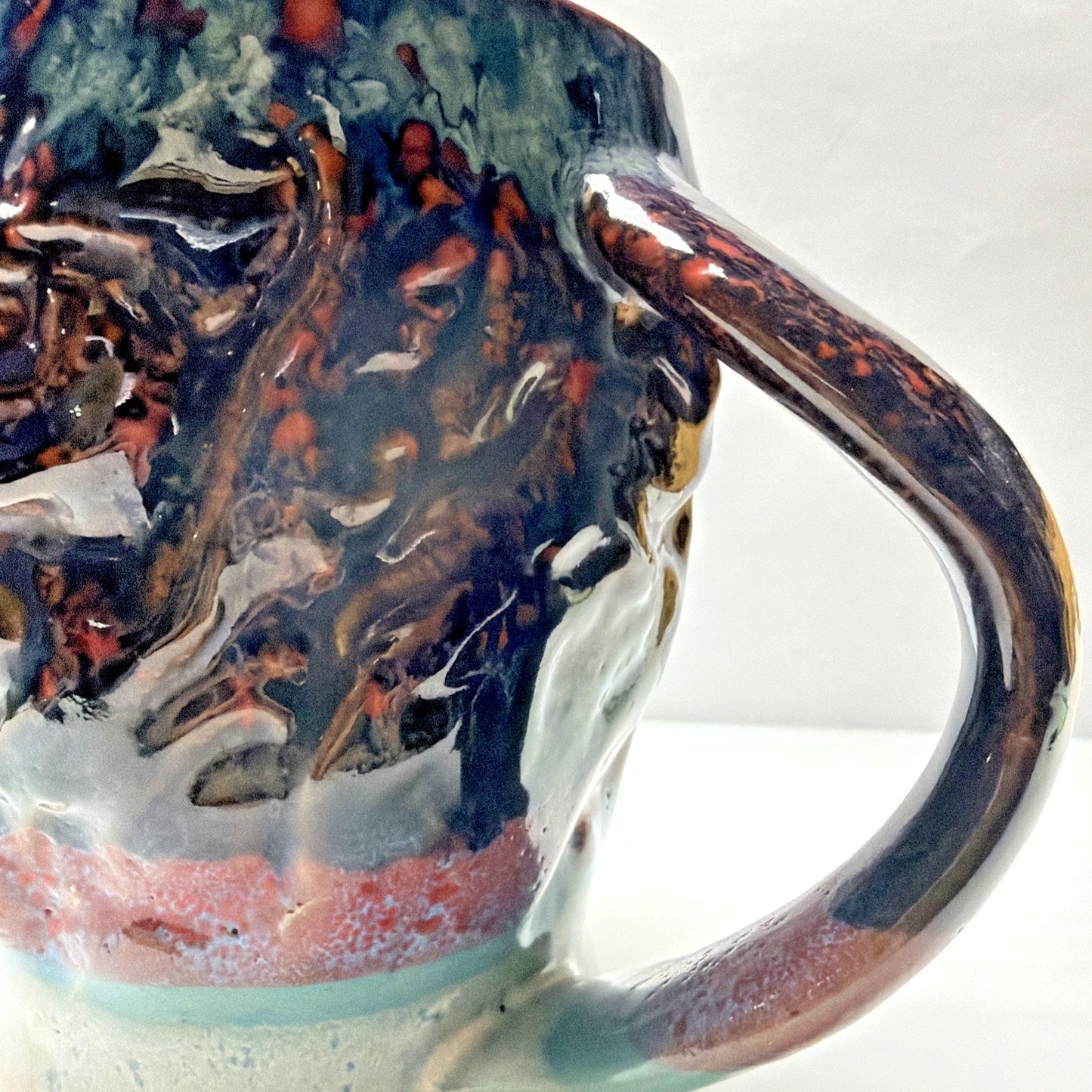 Vintage Studio Art Pottery Mug Glazed Twisted Handle Brown Blue Glazed Signed