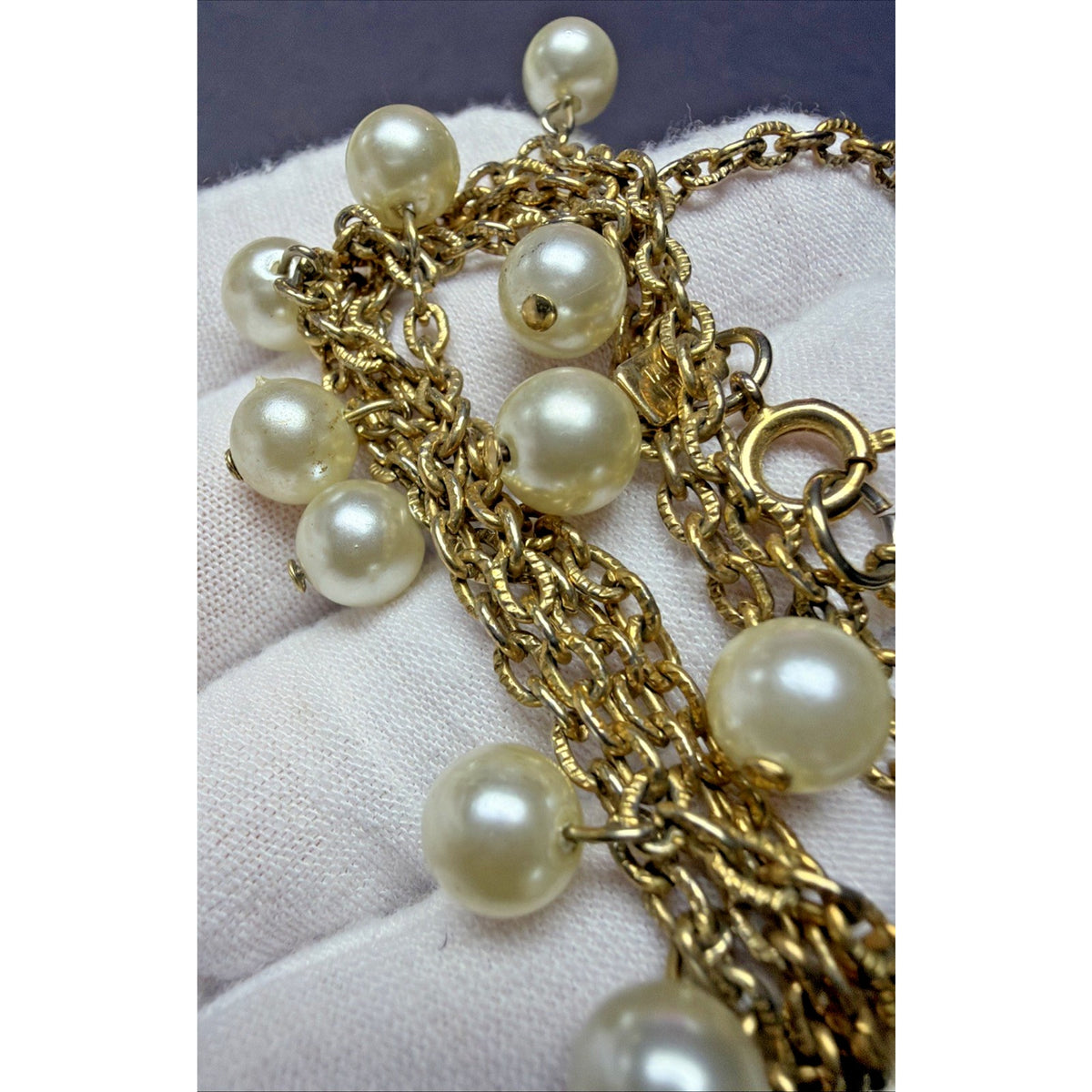 Vintage Tammey Jewels Faux Pearl Drop Necklace Gold Tone Metal Signed Oval Link