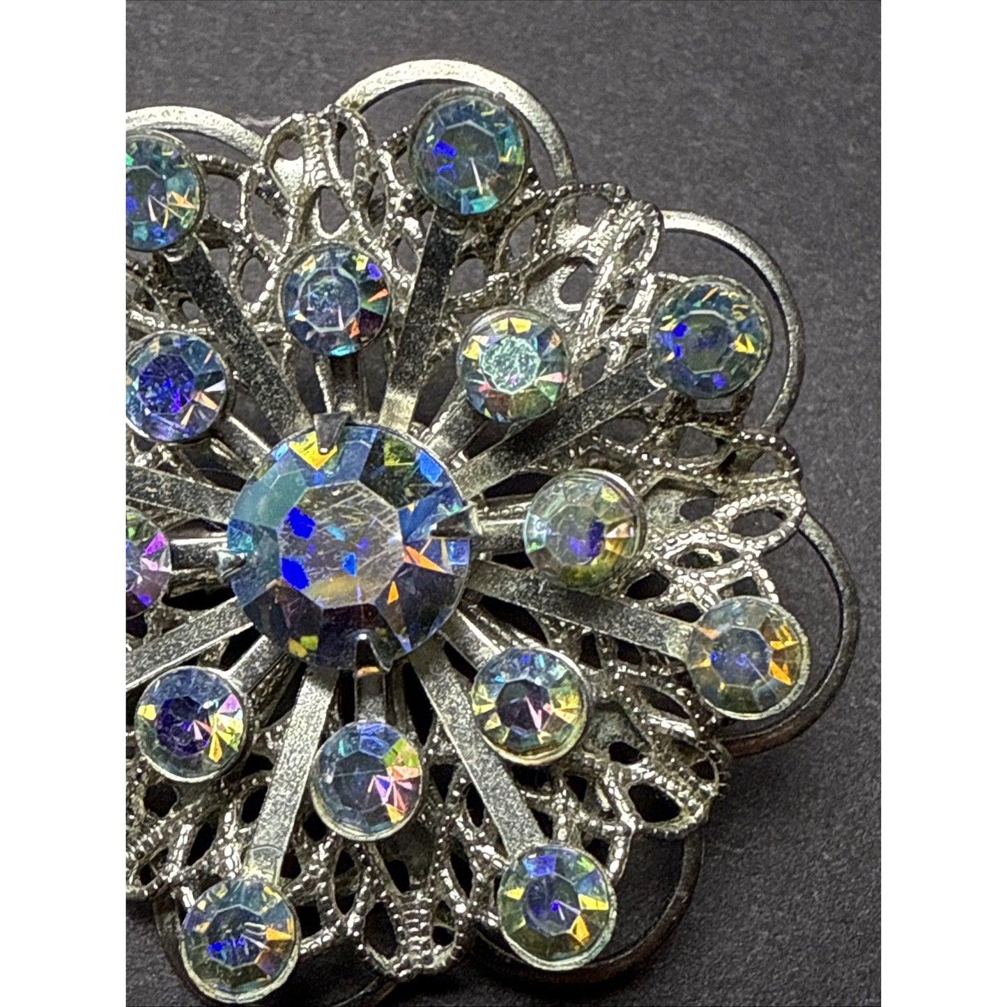 Vintage Aurora Borealis Rhinestone Silver Tone Filigree Layered Flower Brooch