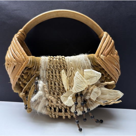 Vtg Hand Woven Basket Splint Wood Gods Eye Hanging Leather Beaded Flower As Is