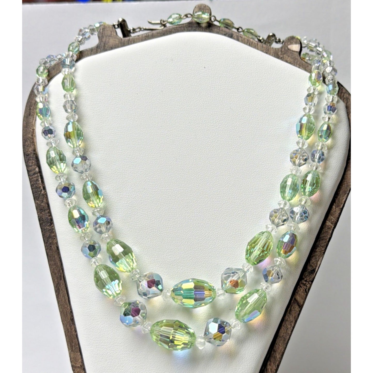 MCM Faceted AB Crystal Peridot Double Strand Necklace Rhinestone Hook Choker