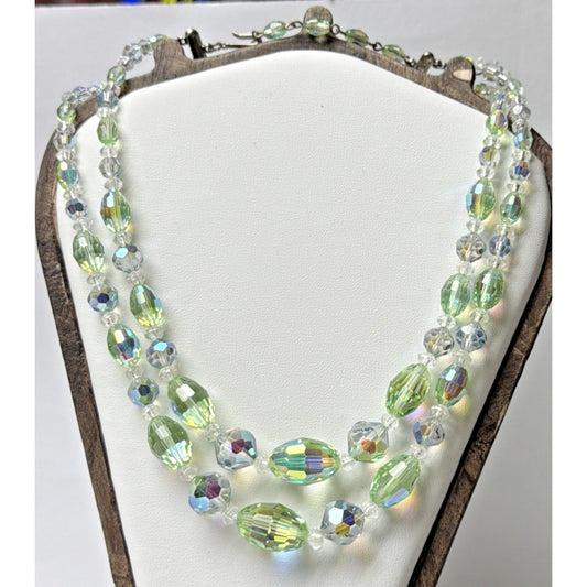 MCM Faceted AB Crystal Peridot Double Strand Necklace Rhinestone Hook Choker