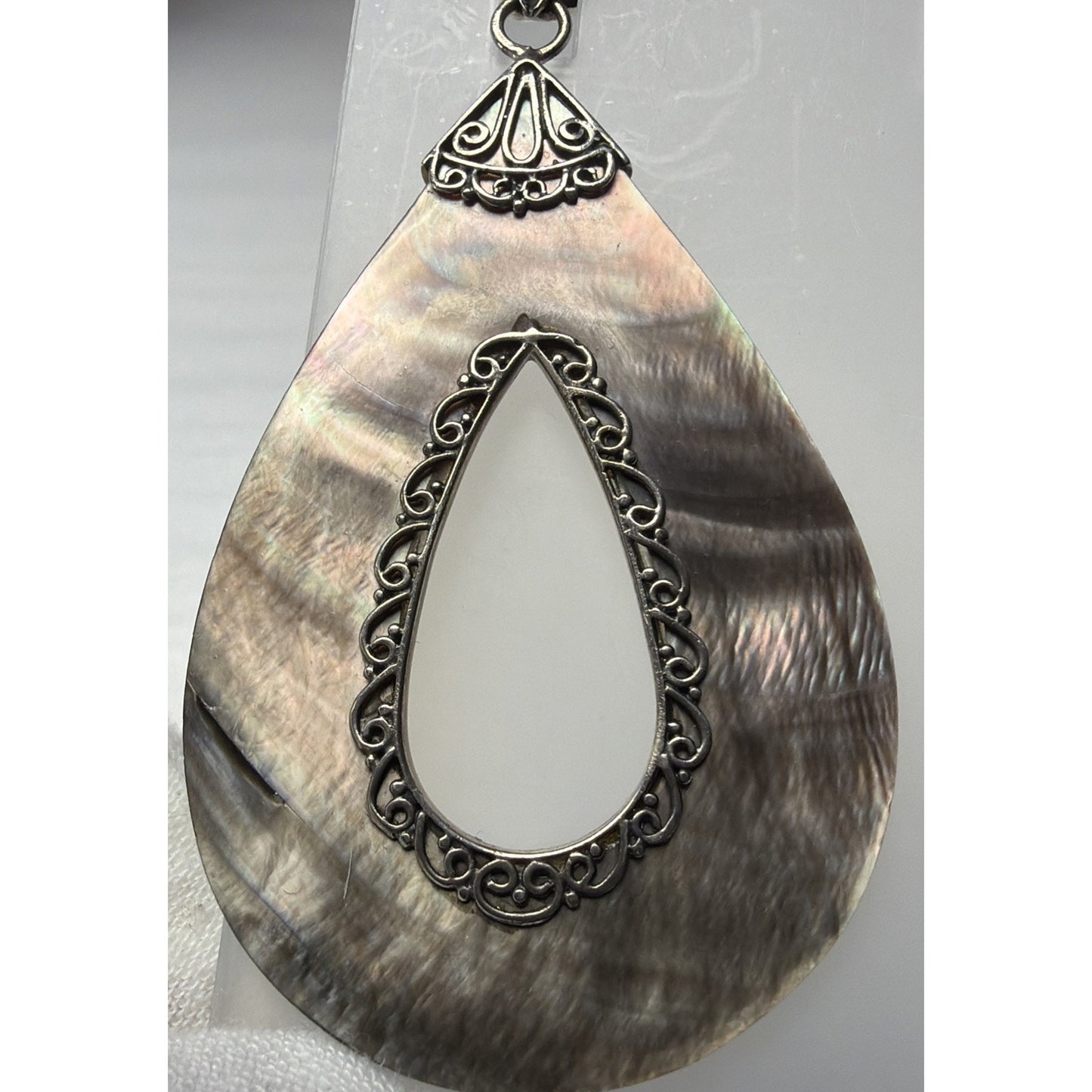 Sterling Silver Abalone MOP Teardrop Pendant Ornate Filigree Bali Style As Is