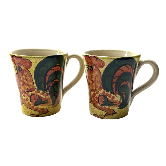 Vintage Lot of 2 Sara Hand Painted Rooster Mugs Italy Folk Art Farmhouse