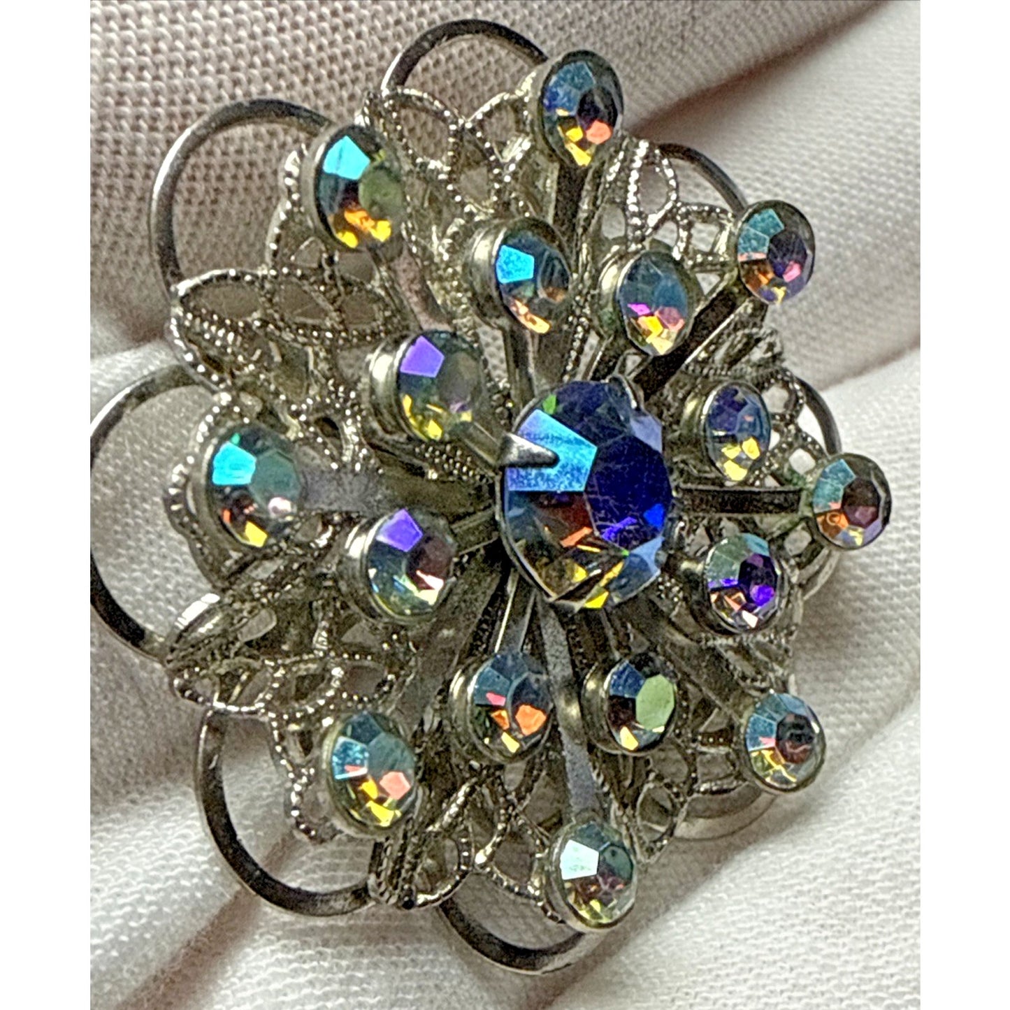 Vintage Aurora Borealis Rhinestone Silver Tone Filigree Layered Flower Brooch
