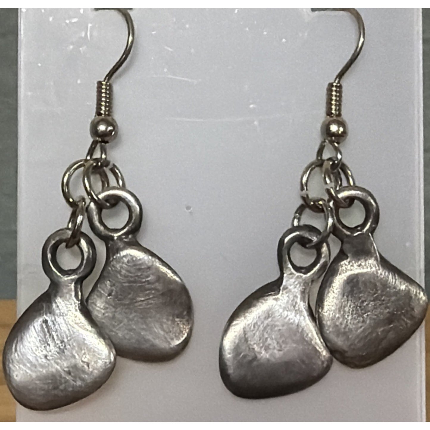 Modernist Silver Kidney Bean Tear Drop Leaf Dangle Earrings Handmade As Is