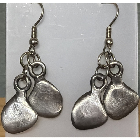 Modernist Silver Kidney Bean Tear Drop Leaf Dangle Earrings Handmade As Is