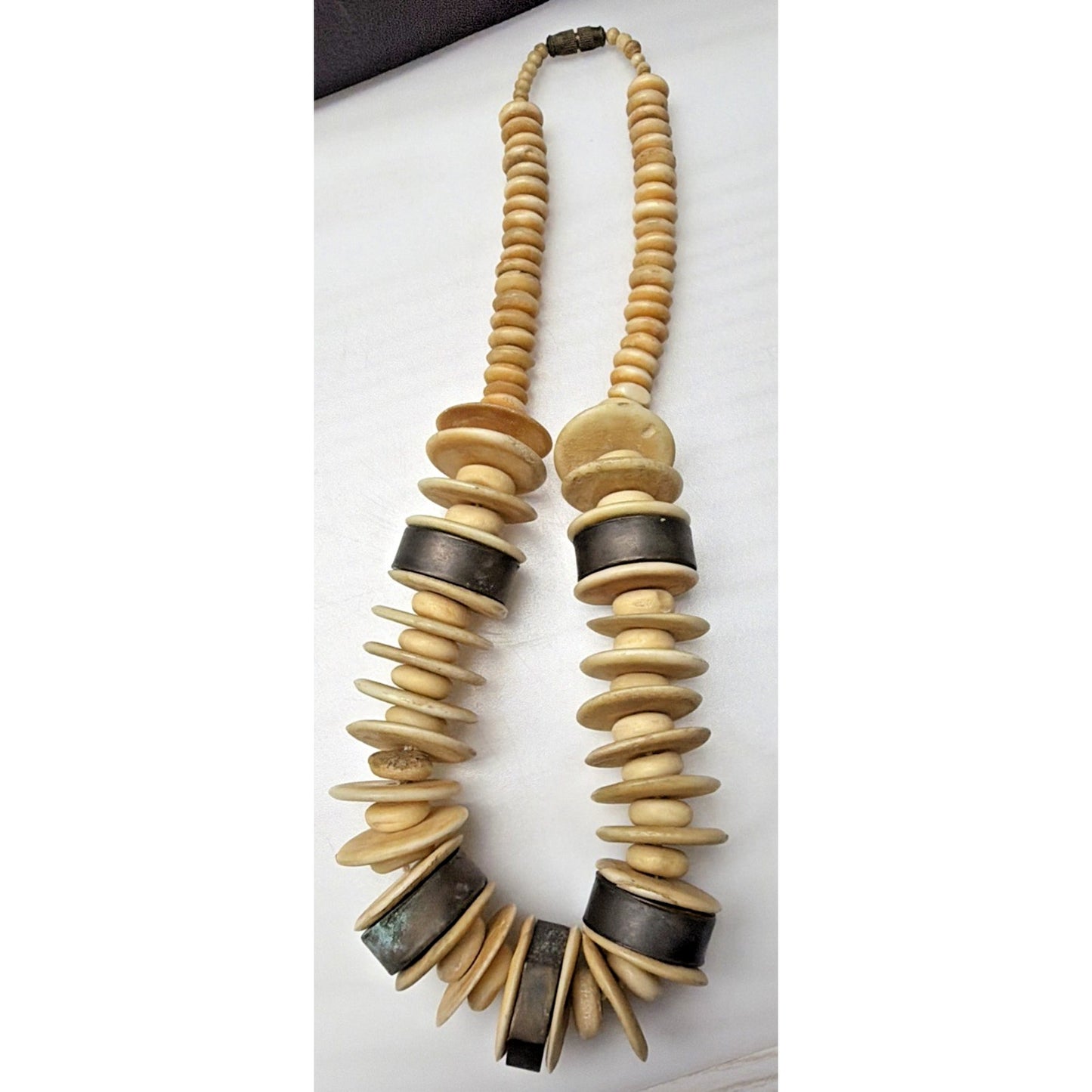 Old Ethnic Native Carved Bovine Camel Bone Brass Bronze Chunky Necklace Disc