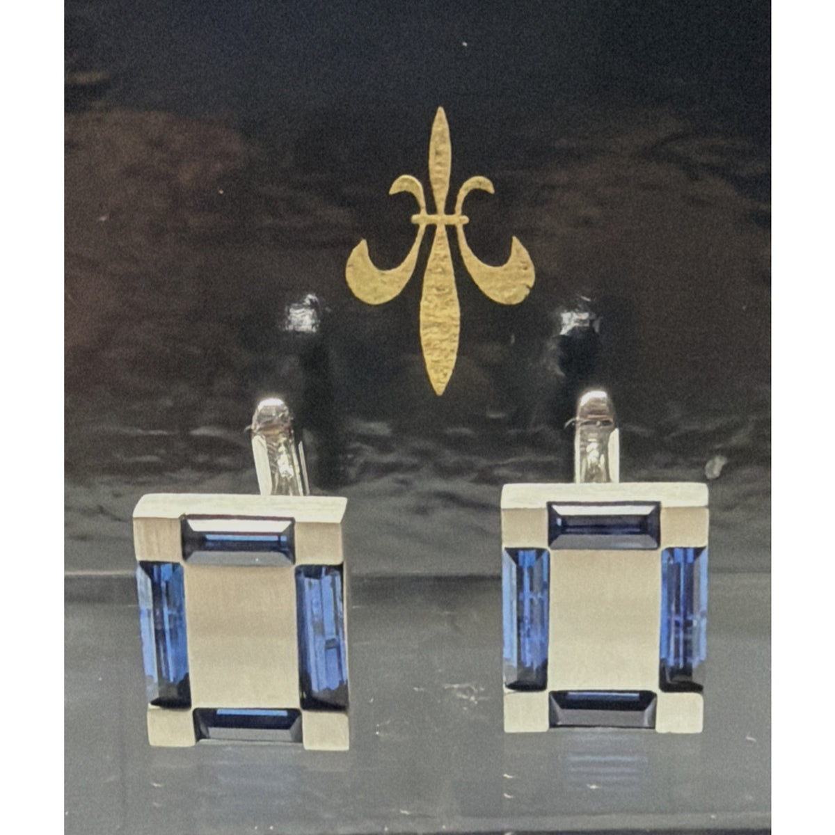 Vintage Hickok Blue Baguette Glass Cufflinks Silver Tone Geometric Modernist Box