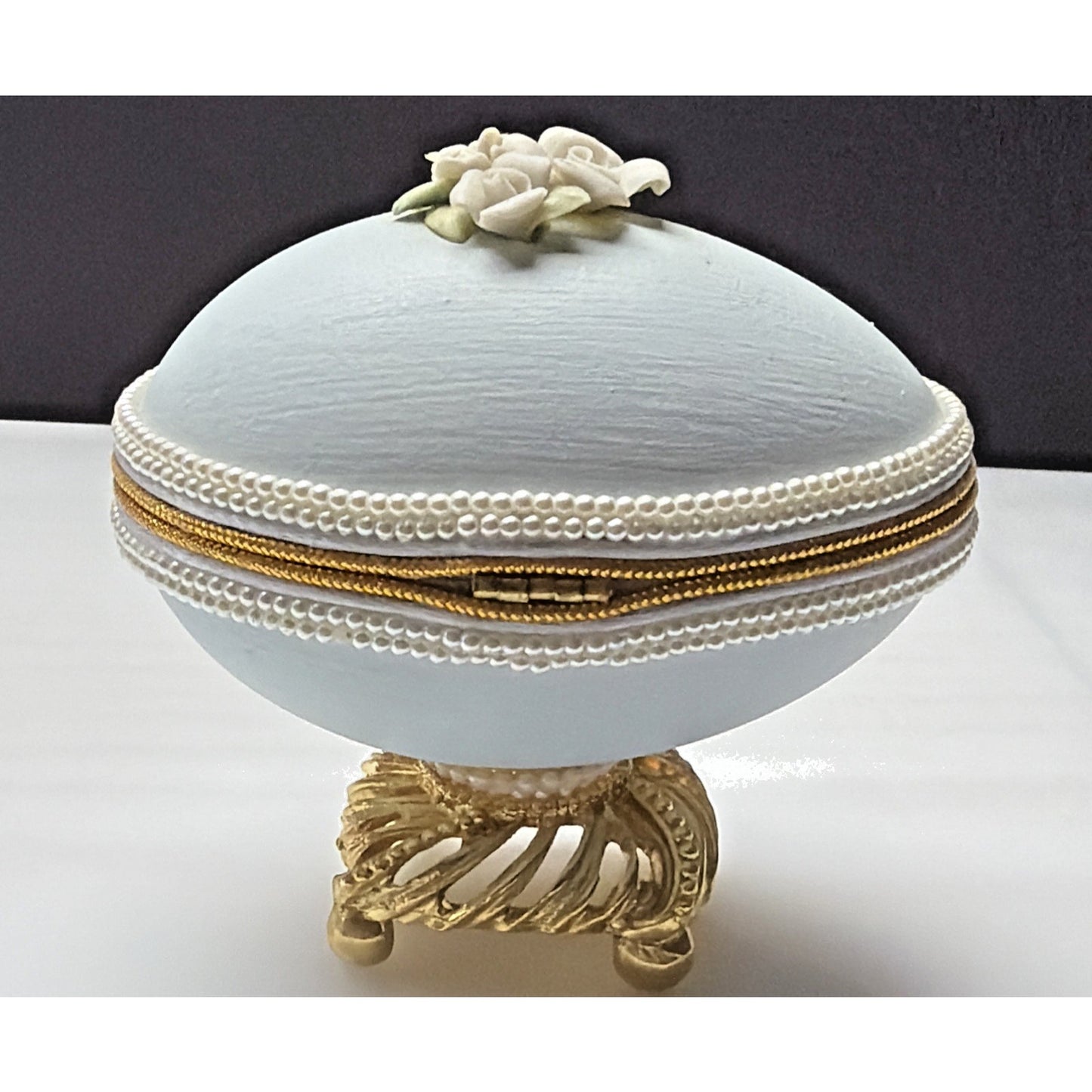 Egg Fantasy Hand Decorated Goose Egg Blue Trinket Jewelry Box Porcelain Flowers