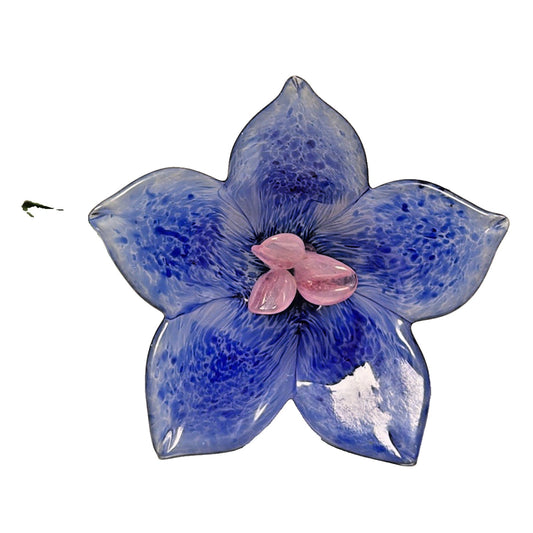 Vtg Hand Blown Art Glass Long Stem Flower Green Stem Blue Mottled Pink Center