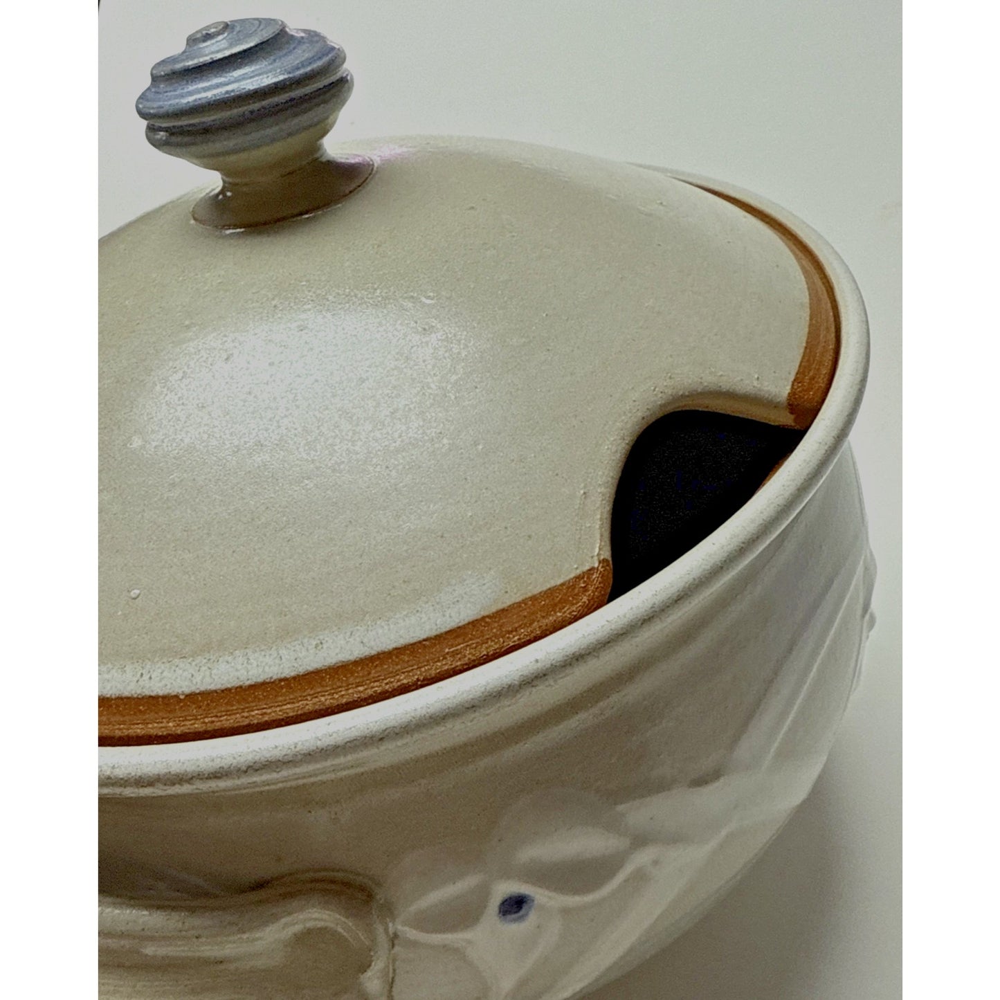 Noble Studio Art Pottery Casserole Lidded Trillium Blue White Handles