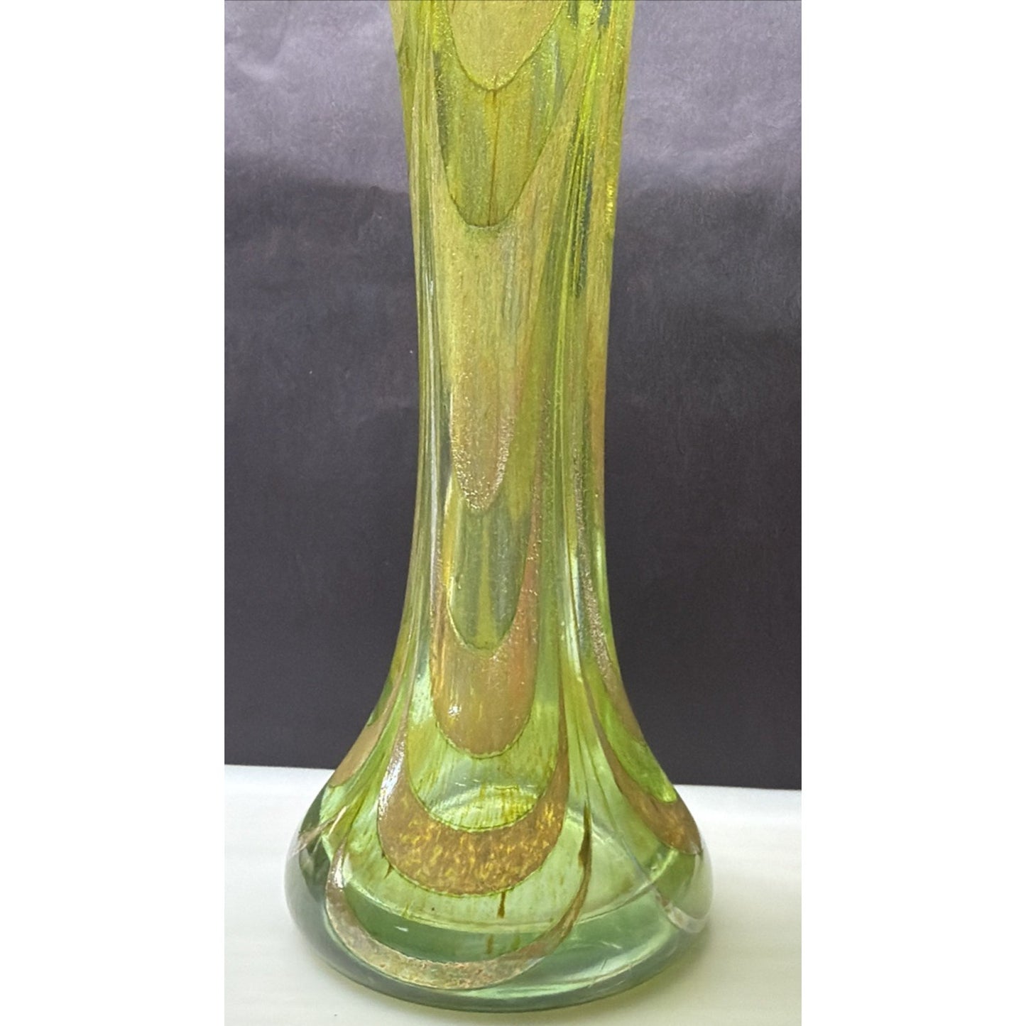 Art Nouveau Kralik Art Glass Marine Green Gold Iridescent Combed Feather Vase