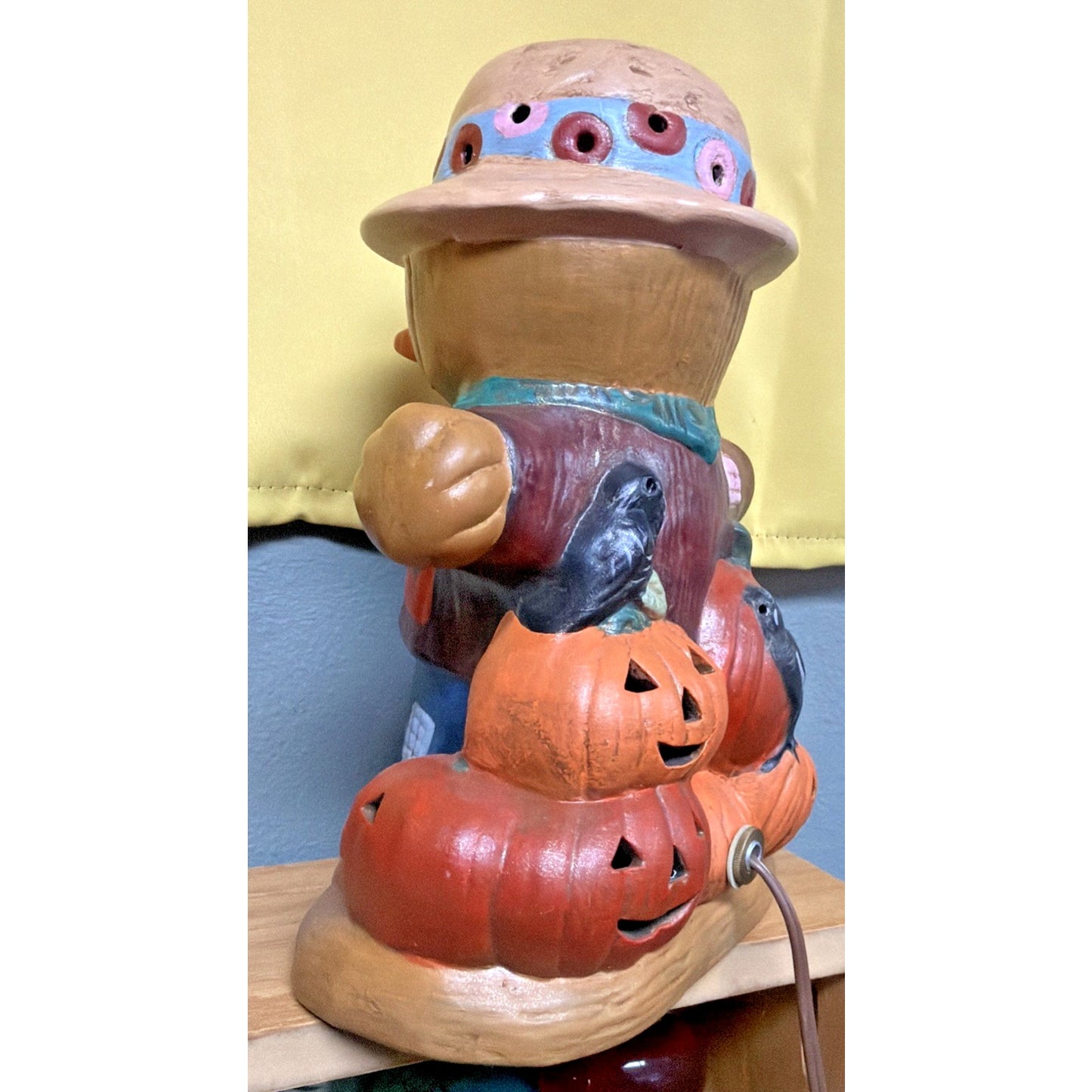 Vintage Ceramic Scarecrow Lamp Hand Painted Pumpkin Jack O Lantern Reflection
