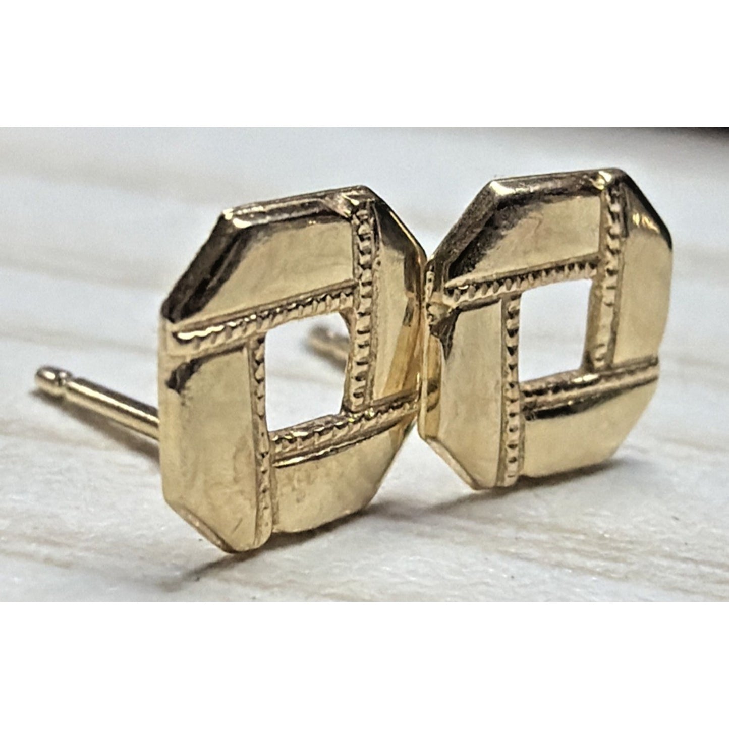 Vintage 14k Yellow Gold Hexagonal Stud Earrings Open Weave Square No Backs