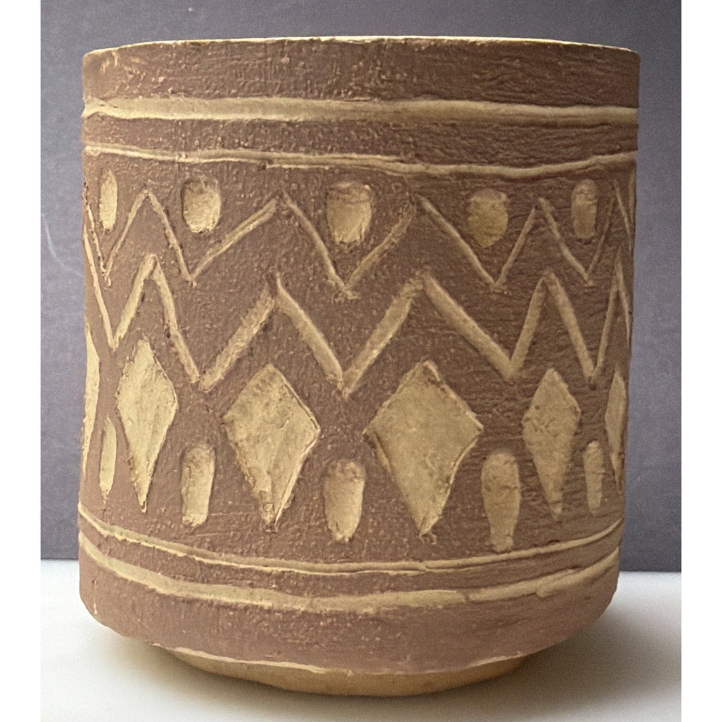 Vintage Boynton Art Pottery Abstract Vase Cup Planter Signed Brown Tan