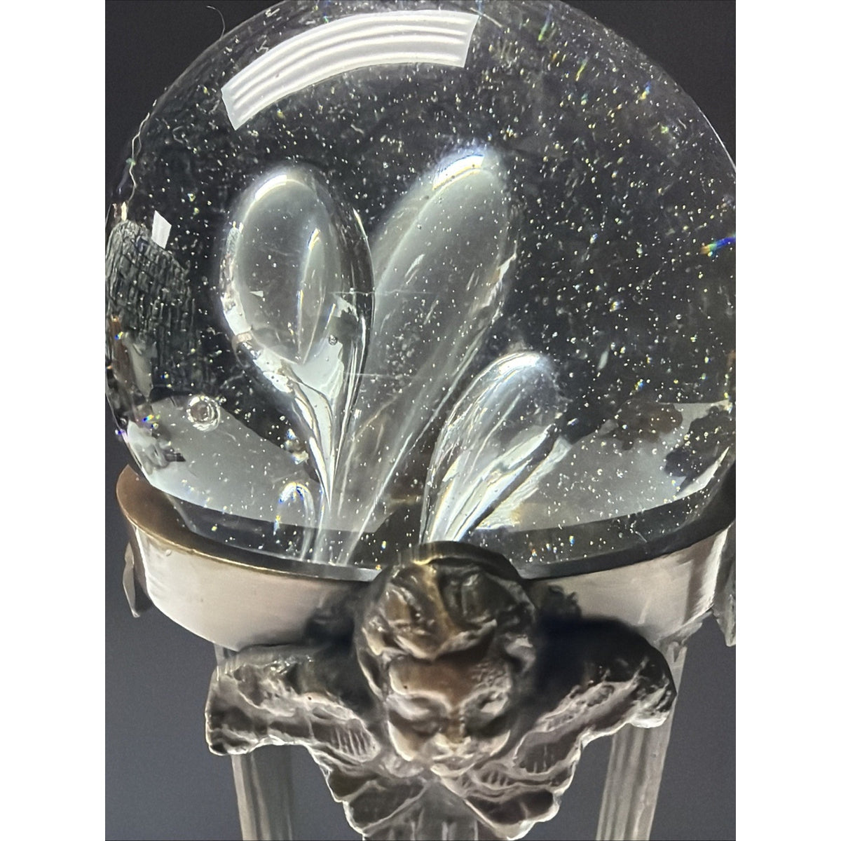 MCM Brass Metal Bronze Base Angel Cherub Stand Crystal Blown Glass Ball As Is