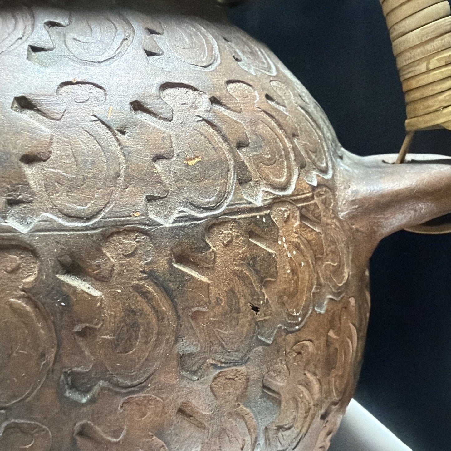 Chinese Asian Earthenware Pot Jar Vessel Bamboo Handle Impressed Symbols As Is