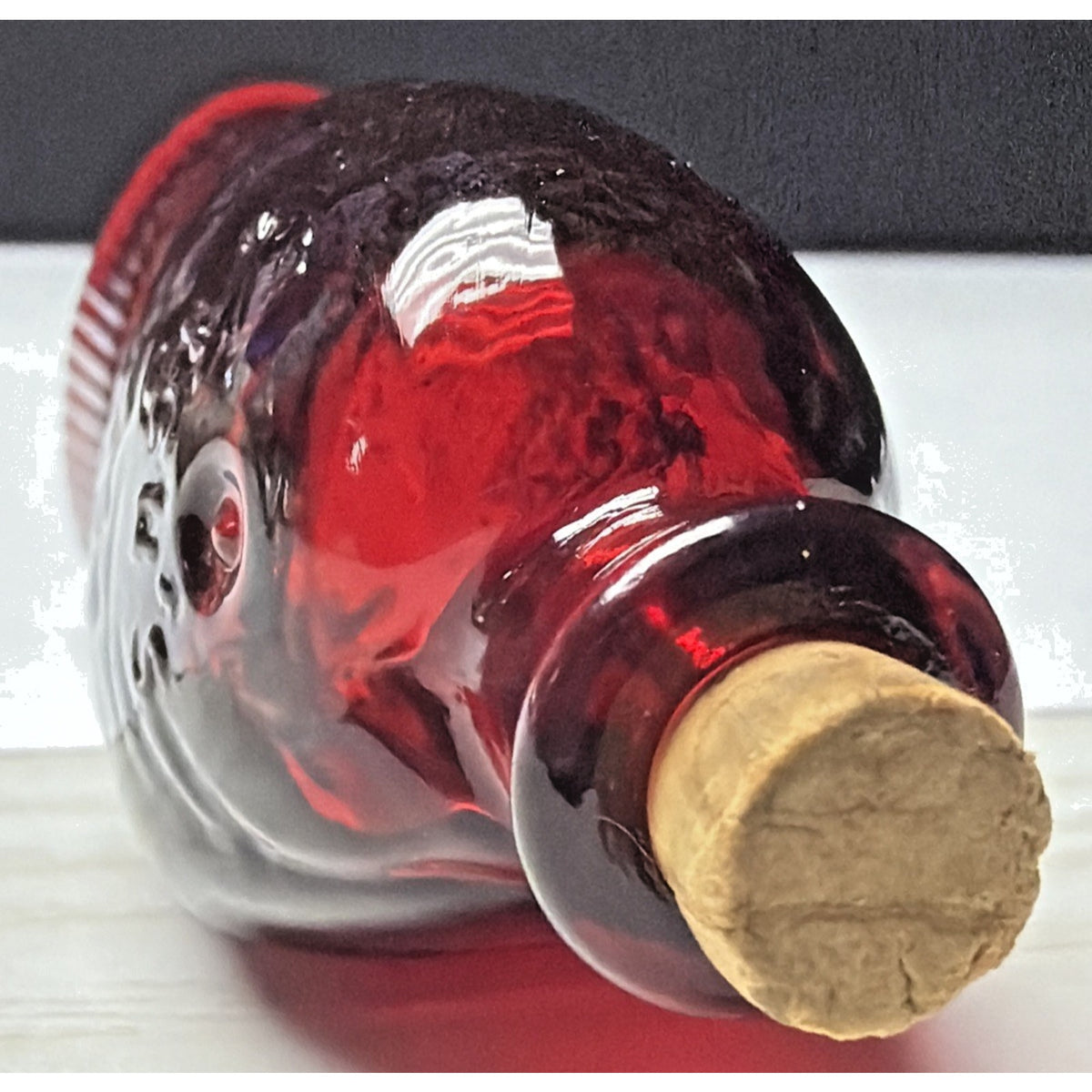 Vtg Wheaton Glass Doctor Fischs Bitters Ruby Red Glass Fish Mini Bottle Cork