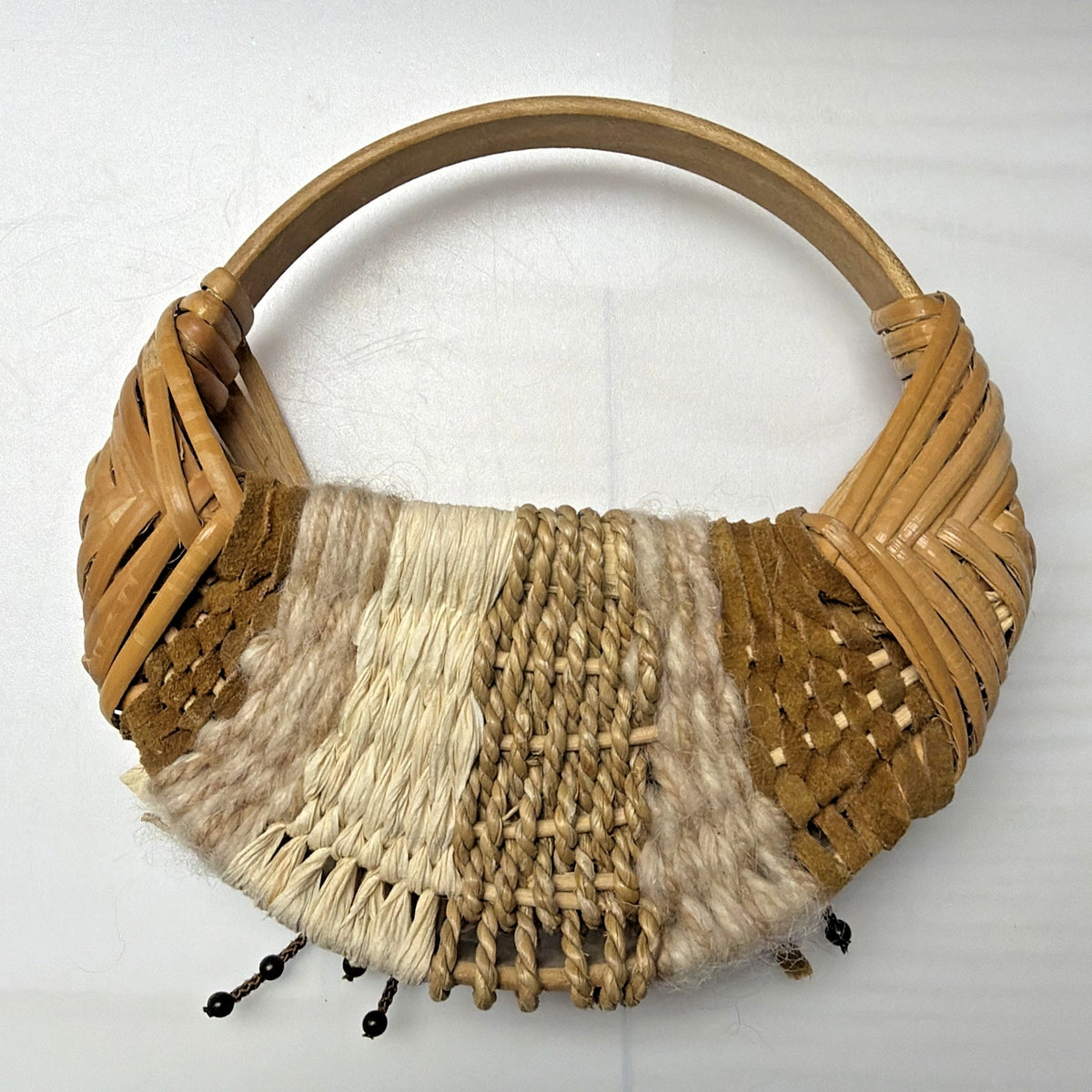 Vtg Hand Woven Basket Splint Wood Gods Eye Hanging Leather Beaded Flower As Is