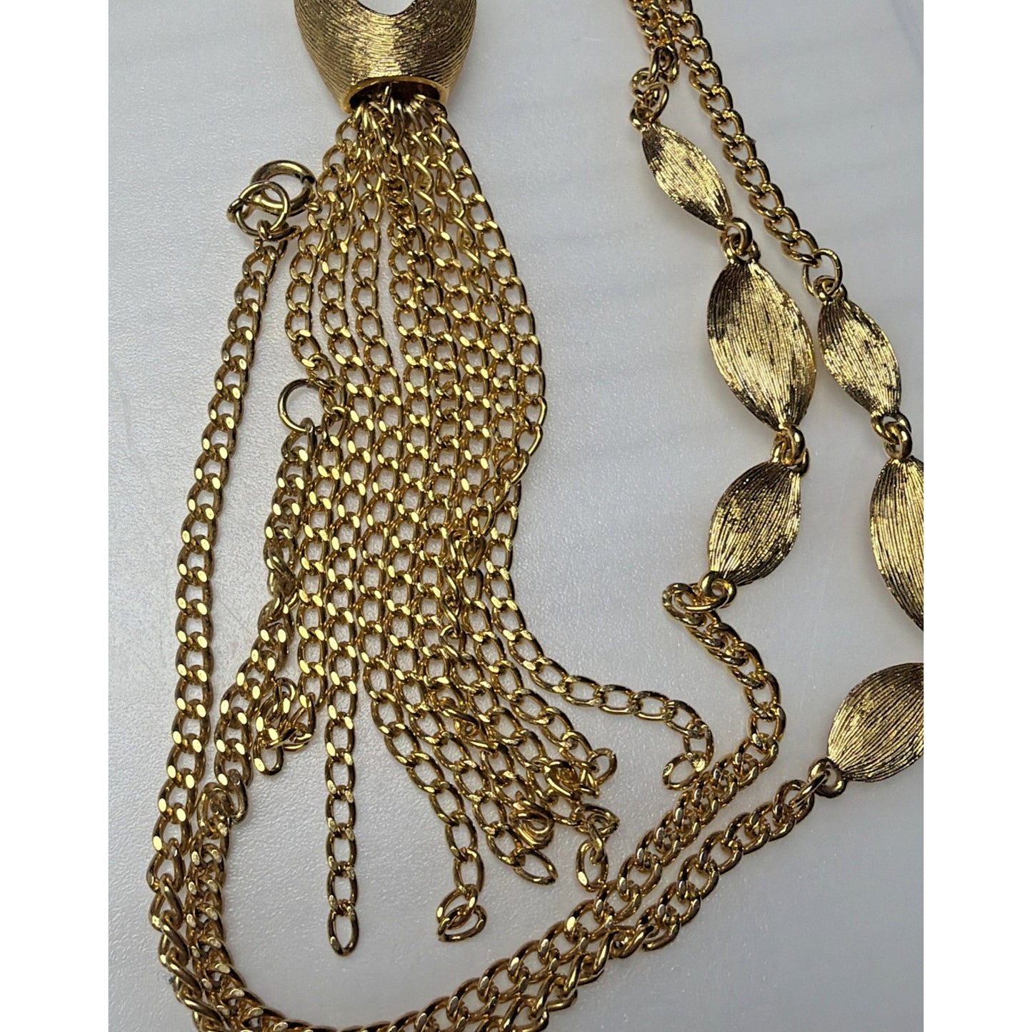Vintage Gold Tone Brushed Leaf Waterfall Pendant Tassel Necklace