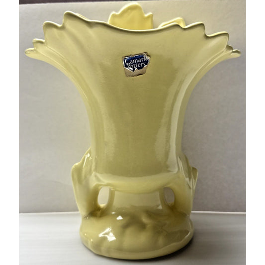 Vintage Camark Art Pottery Vase Planter Handles Leaf Shaped Yellow #807 As-Is